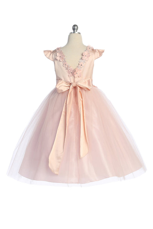 Big Girls Flutter Sleeve Floral Applique Junior Bridesmaid Dress 16.5-20.5